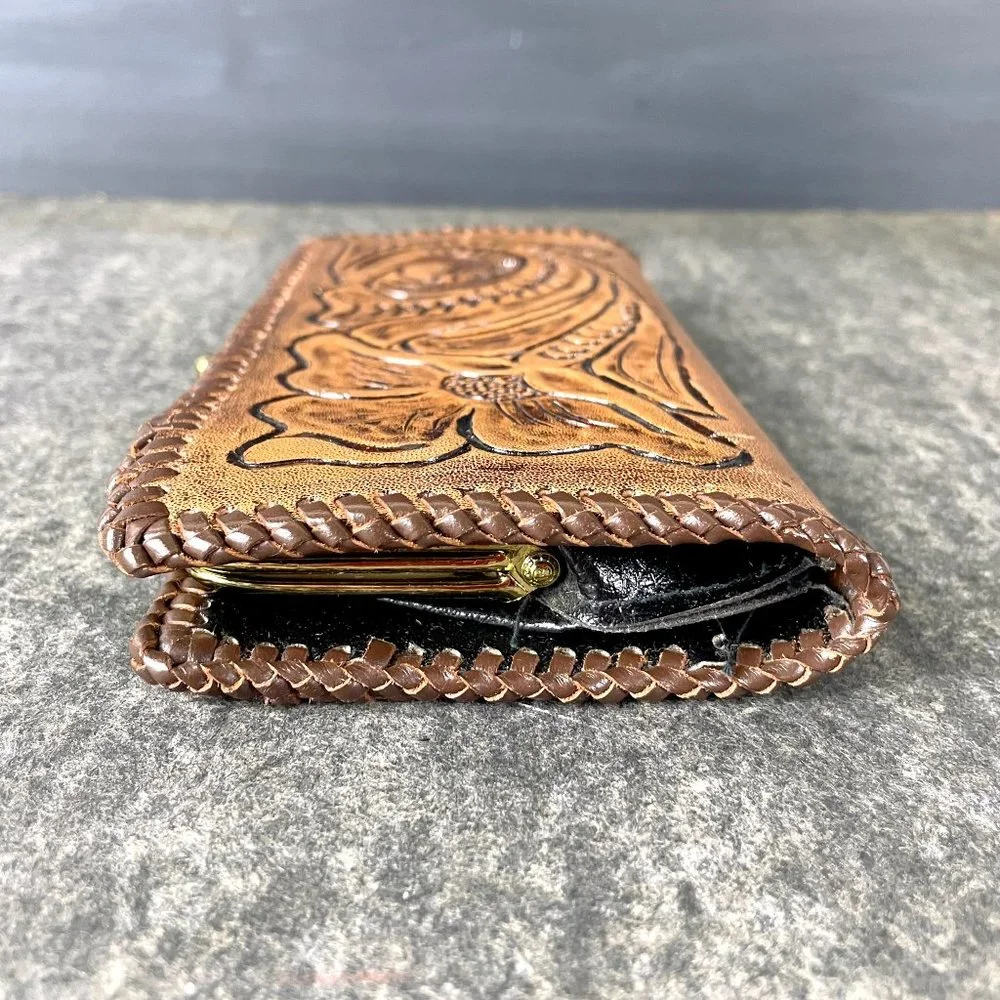 Tooled leather embossed clutch/wallet - handmade vintage - Picture 2 of 8